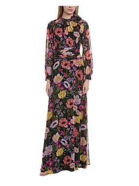 Teri Jon Black Floral High-Neck Long Sleeve Maxi Dress